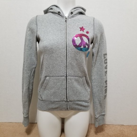 Victoria's Secret PINK hoodie XS peace star heart bling sequin graphic zip up - Picture 1 of 16
